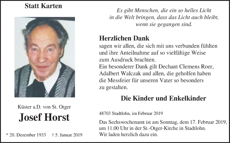  Traueranzeige für Josef Horst vom 13.02.2019 aus Münstersche Zeitung und Münsterland Zeitung