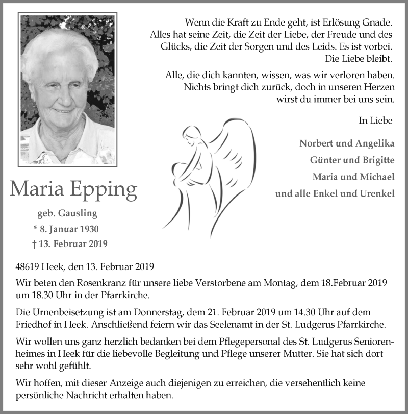  Traueranzeige für Maria Epping vom 16.02.2019 aus Münstersche Zeitung und Münsterland Zeitung
