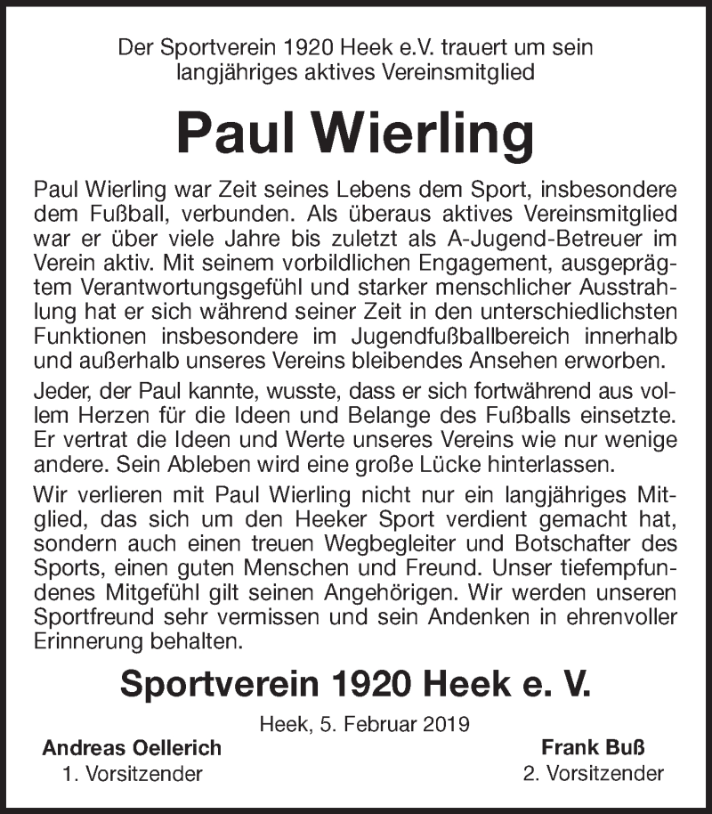  Traueranzeige für Paul Wierling vom 05.02.2019 aus Münstersche Zeitung und Münsterland Zeitung