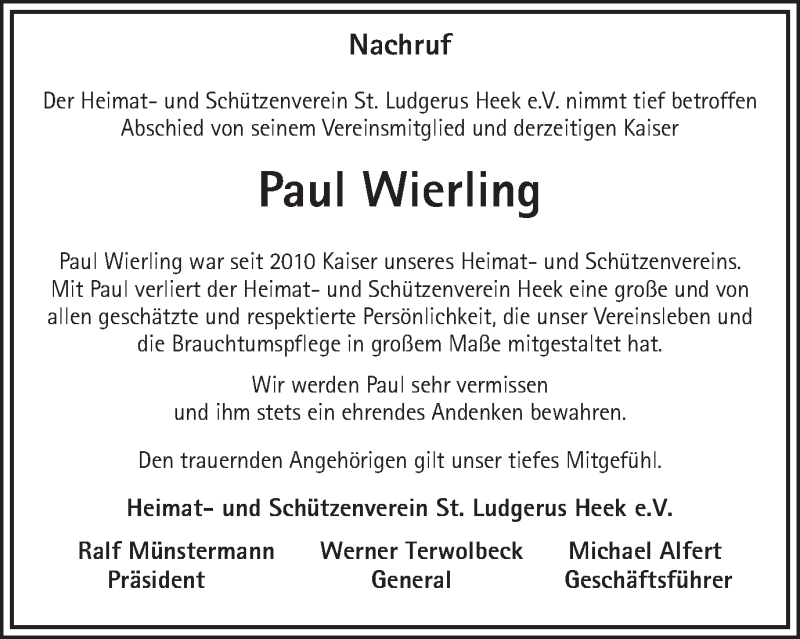  Traueranzeige für Paul Wierling vom 05.02.2019 aus Münstersche Zeitung und Münsterland Zeitung