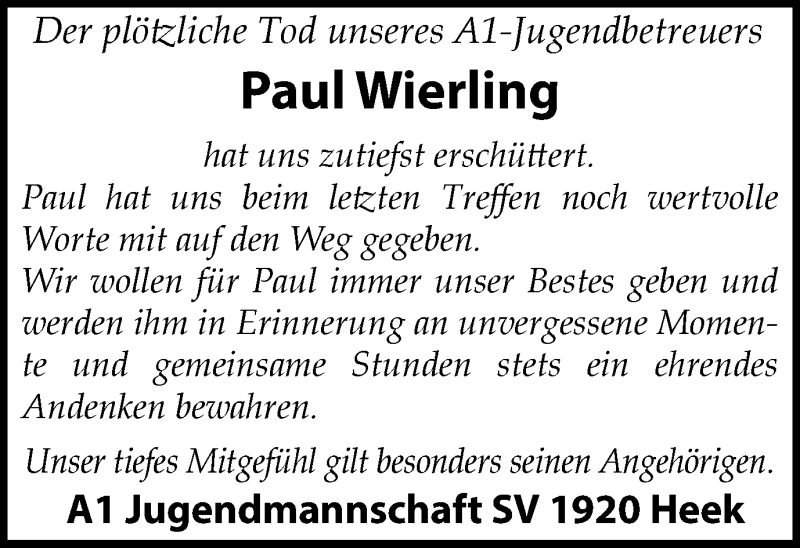  Traueranzeige für Paul Wierling vom 07.02.2019 aus Münstersche Zeitung und Münsterland Zeitung