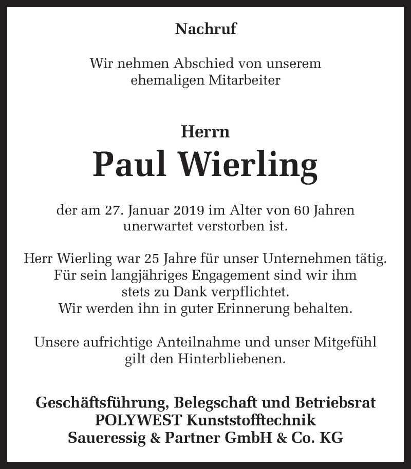  Traueranzeige für Paul Wierling vom 02.02.2019 aus Münstersche Zeitung und Münsterland Zeitung