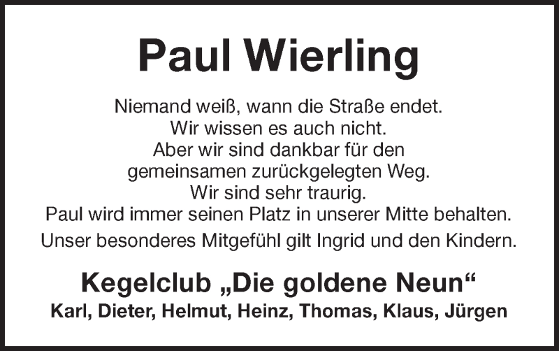  Traueranzeige für Paul Wierling vom 06.02.2019 aus Münstersche Zeitung und Münsterland Zeitung