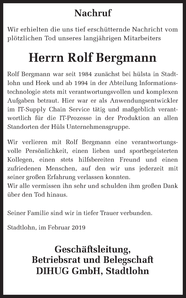  Traueranzeige für Rolf Bergmann vom 20.02.2019 aus Münstersche Zeitung und Münsterland Zeitung