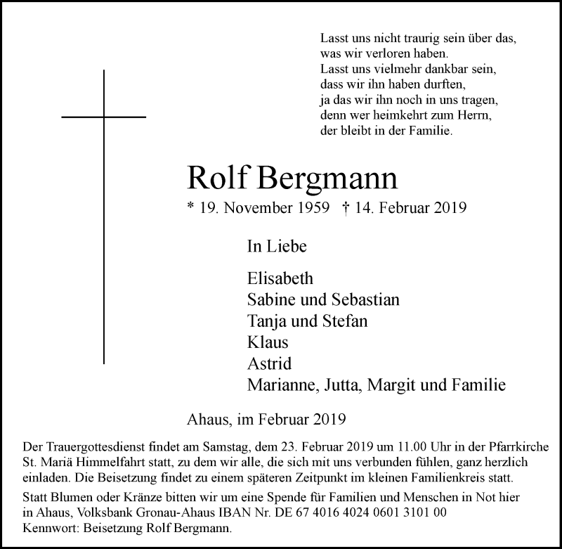  Traueranzeige für Rolf Bergmann vom 19.02.2019 aus Münstersche Zeitung und Münsterland Zeitung