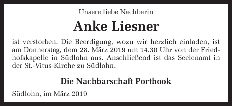  Traueranzeige für Anke Liesner vom 26.03.2019 aus Münstersche Zeitung und Münsterland Zeitung
