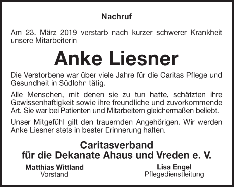 Traueranzeige für Anke Liesner vom 29.03.2019 aus Münstersche Zeitung und Münsterland Zeitung