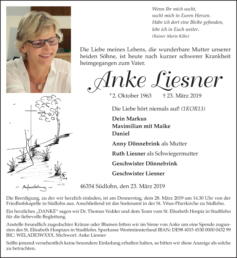  Traueranzeige für Anke Liesner vom 26.03.2019 aus Münstersche Zeitung und Münsterland Zeitung