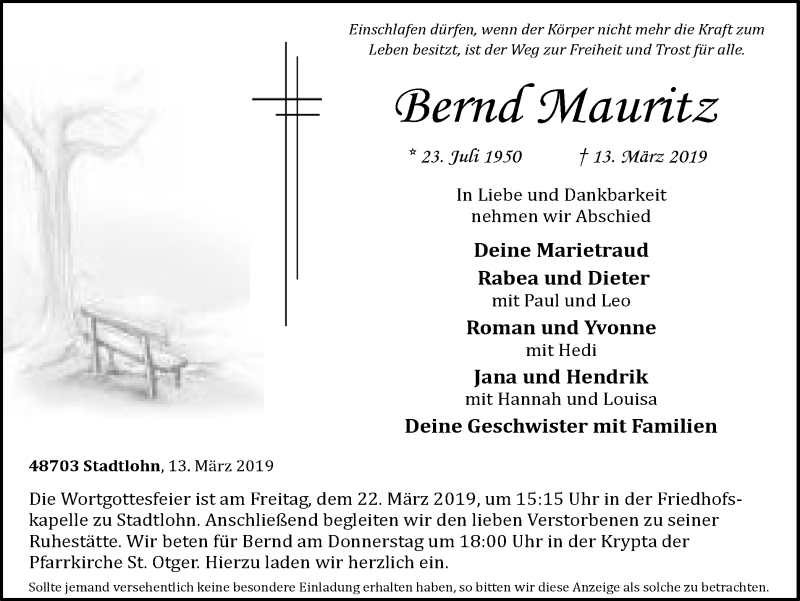  Traueranzeige für Bernd Mauritz vom 19.03.2019 aus Münstersche Zeitung und Münsterland Zeitung