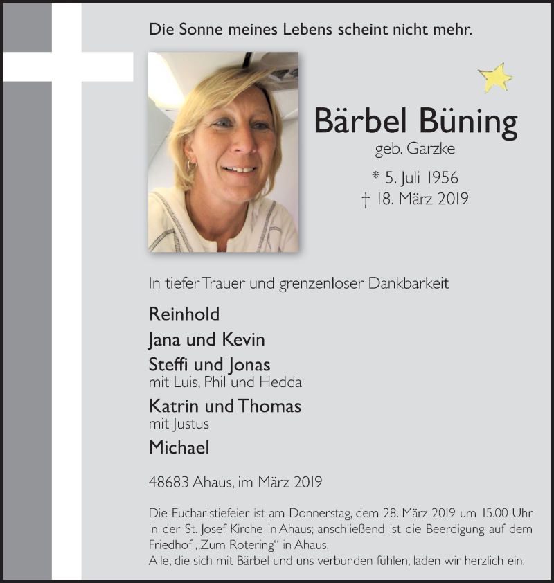  Traueranzeige für Bärbel Büning vom 23.03.2019 aus Münstersche Zeitung und Münsterland Zeitung