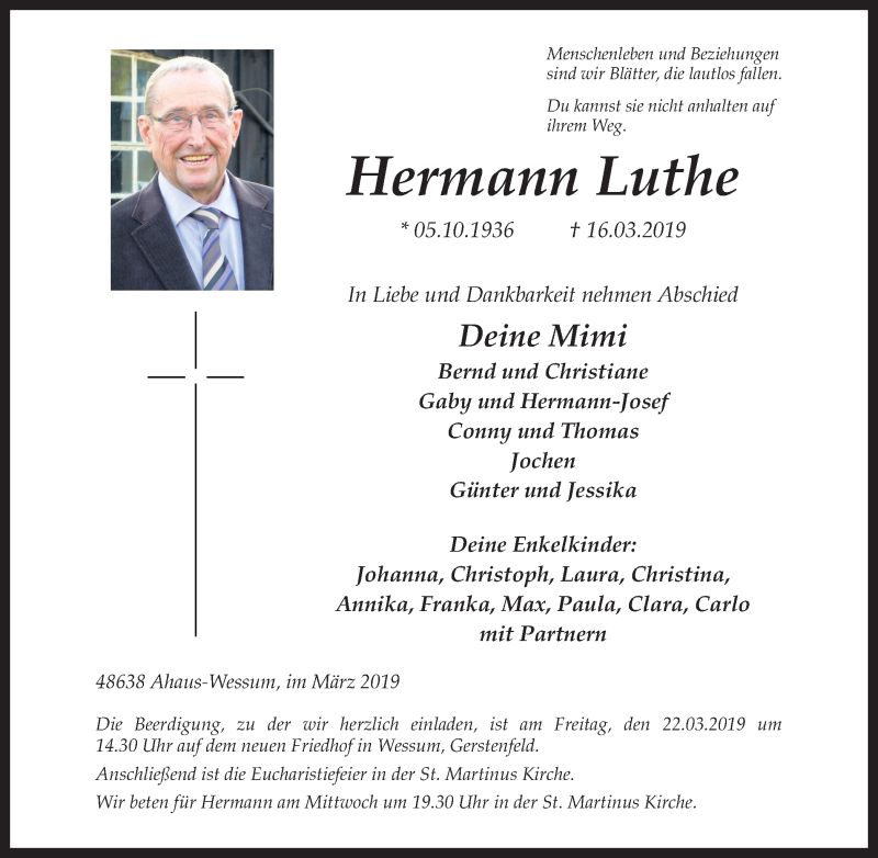  Traueranzeige für Hermann Luthe vom 19.03.2019 aus Münstersche Zeitung und Münsterland Zeitung