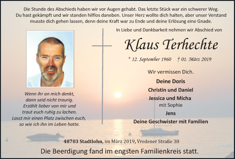  Traueranzeige für Klaus Terhechte vom 16.03.2019 aus Münstersche Zeitung und Münsterland Zeitung
