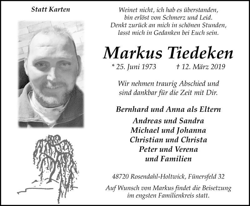  Traueranzeige für Markus Tiedeken vom 15.03.2019 aus Münstersche Zeitung und Münsterland Zeitung