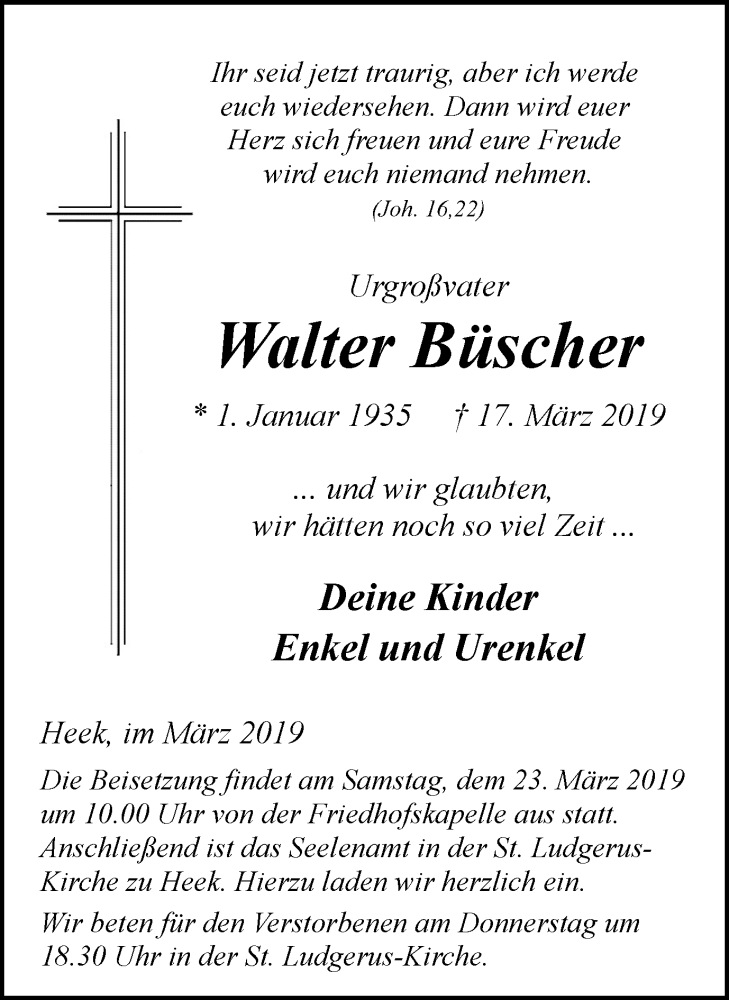  Traueranzeige für Walter Büscher vom 20.03.2019 aus Münstersche Zeitung und Münsterland Zeitung