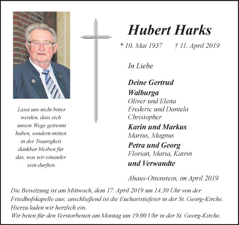  Traueranzeige für Hubert Harks vom 13.04.2019 aus Münstersche Zeitung und Münsterland Zeitung