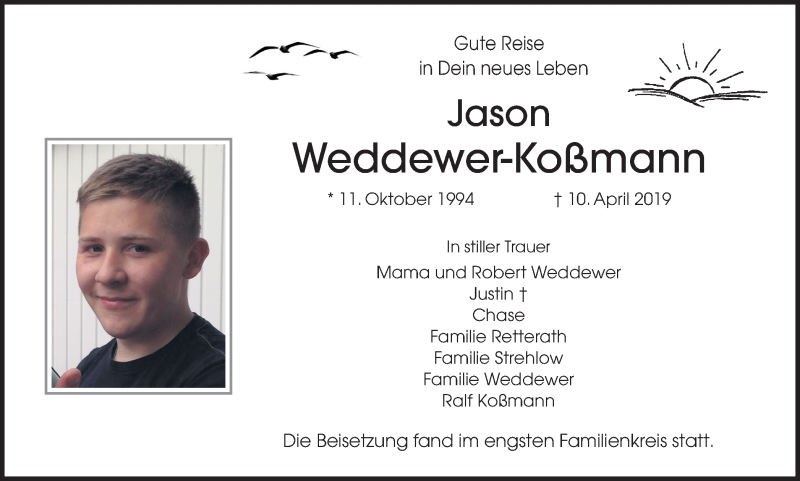  Traueranzeige für Jason Weddewer-Koßmann vom 20.04.2019 aus Münstersche Zeitung und Münsterland Zeitung