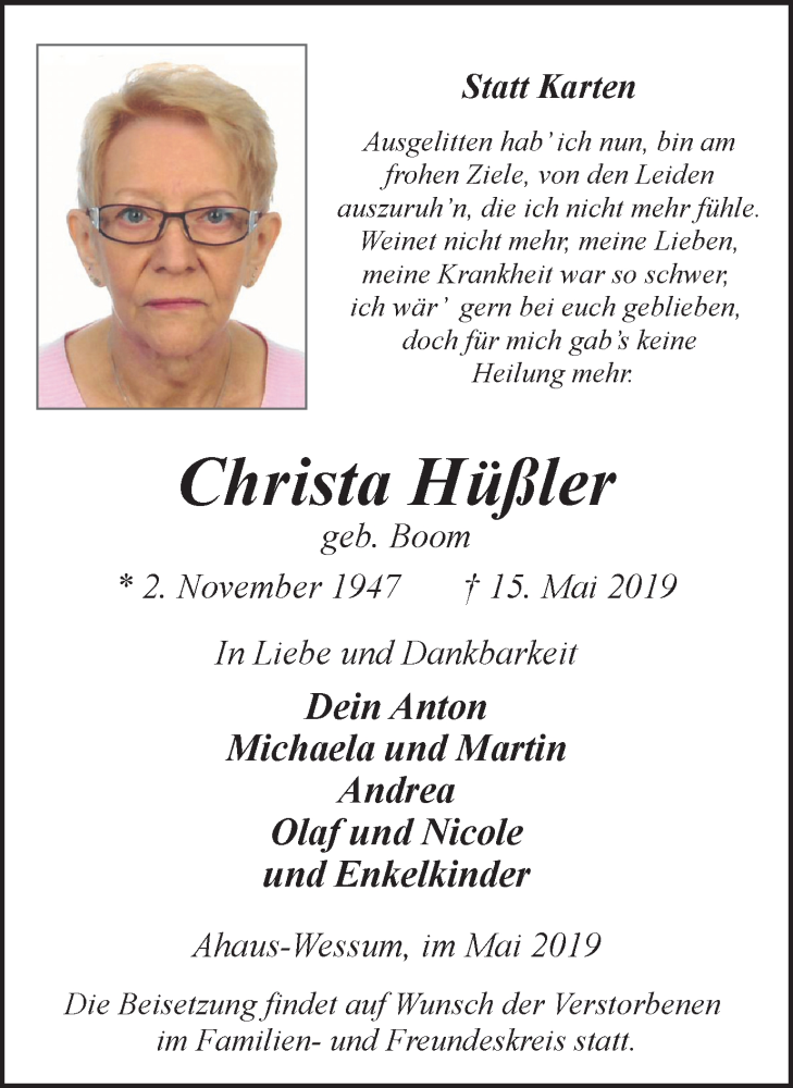  Traueranzeige für Christa Hüßler vom 18.05.2019 aus Münstersche Zeitung und Münsterland Zeitung