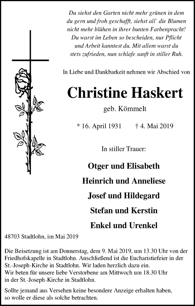  Traueranzeige für Christine Haskert vom 07.05.2019 aus Münstersche Zeitung und Münsterland Zeitung