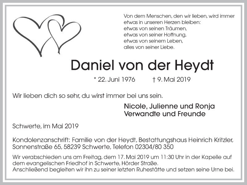  Traueranzeige für Daniel von der Heydt vom 11.05.2019 aus Ruhr Nachrichten
