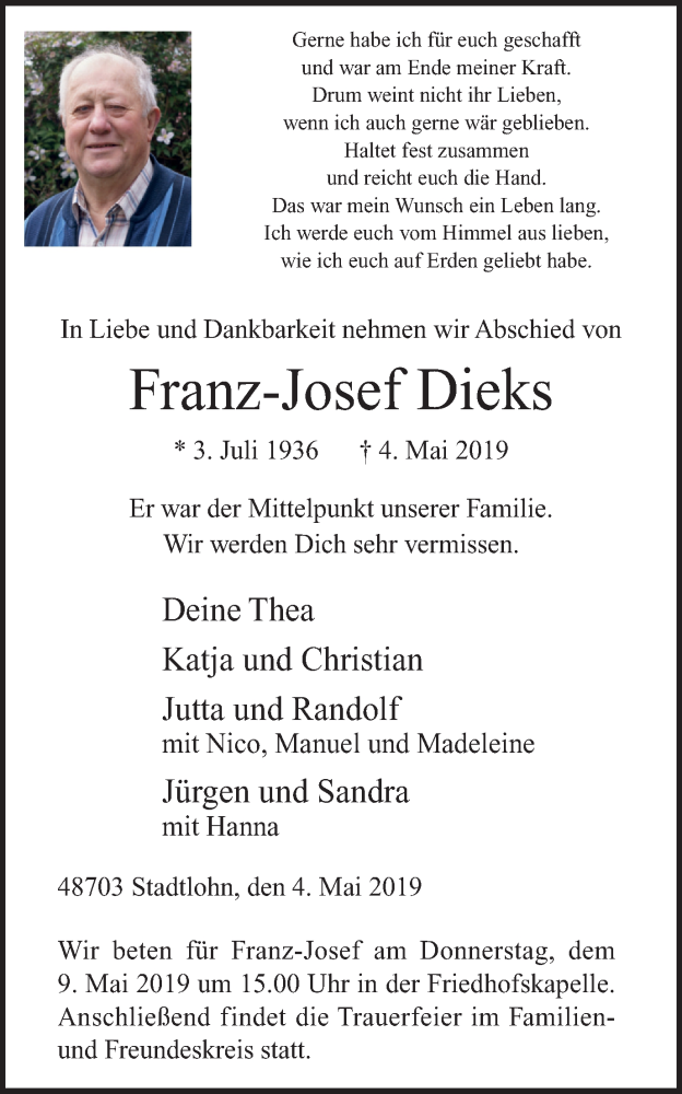  Traueranzeige für Franz-Josef Dieks vom 07.05.2019 aus Münstersche Zeitung und Münsterland Zeitung
