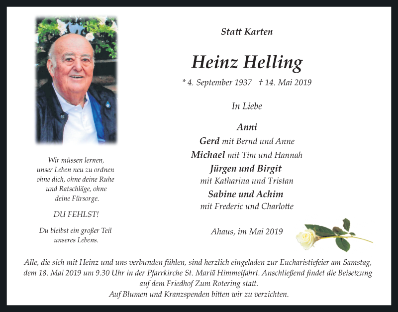  Traueranzeige für Heinz Helling vom 16.05.2019 aus Münstersche Zeitung und Münsterland Zeitung
