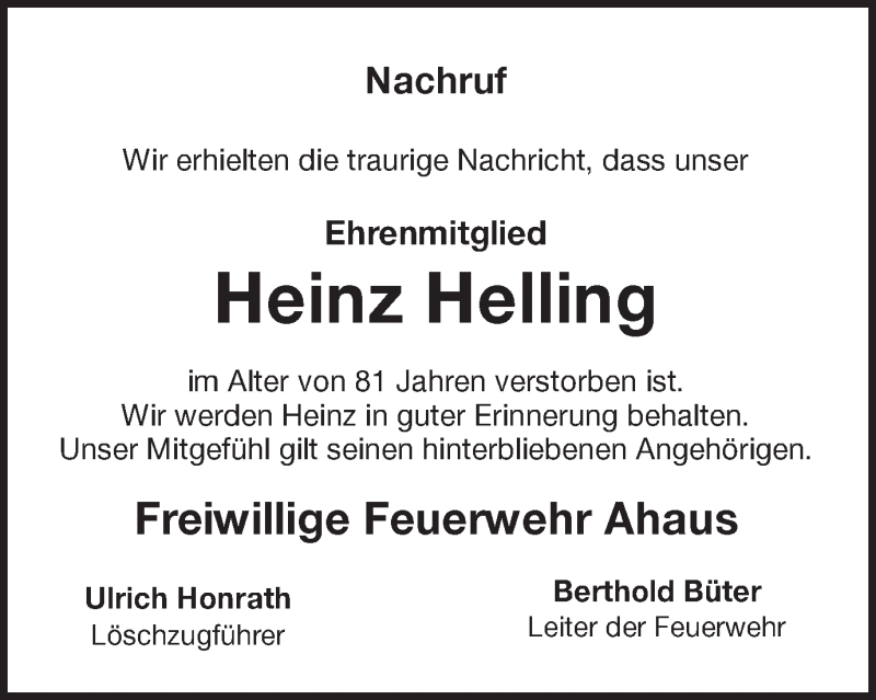 Traueranzeige für Heinz Helling vom 18.05.2019 aus Münstersche Zeitung und Münsterland Zeitung