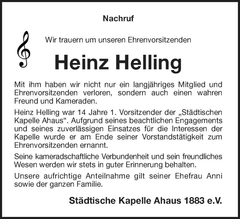  Traueranzeige für Heinz Helling vom 18.05.2019 aus Münstersche Zeitung und Münsterland Zeitung