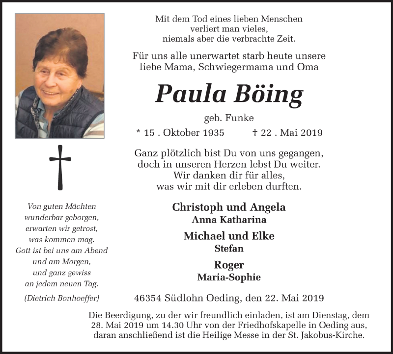  Traueranzeige für Paula Böing vom 25.05.2019 aus Münstersche Zeitung und Münsterland Zeitung