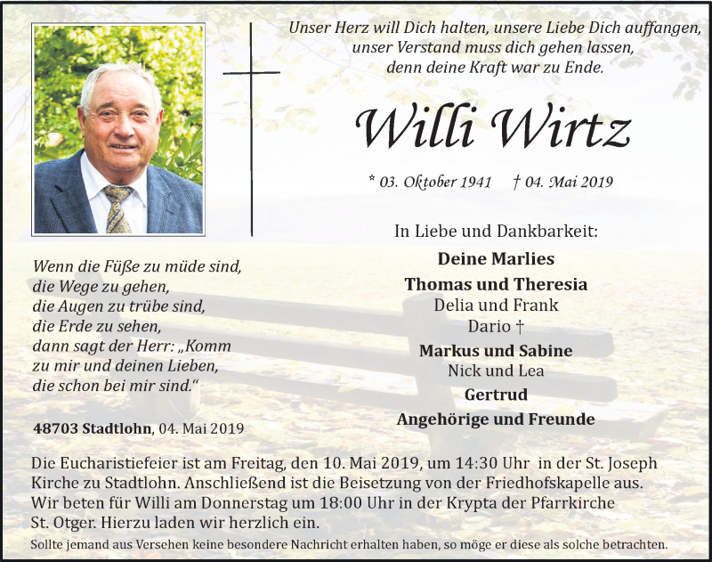  Traueranzeige für Willi Wirtz vom 07.05.2019 aus Münstersche Zeitung und Münsterland Zeitung