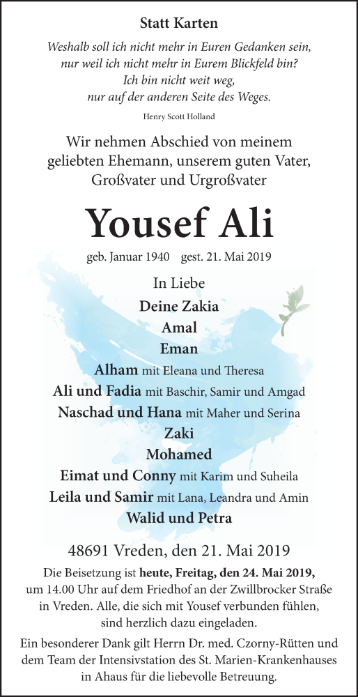  Traueranzeige für Yousef Ali vom 24.05.2019 aus Münstersche Zeitung und Münsterland Zeitung