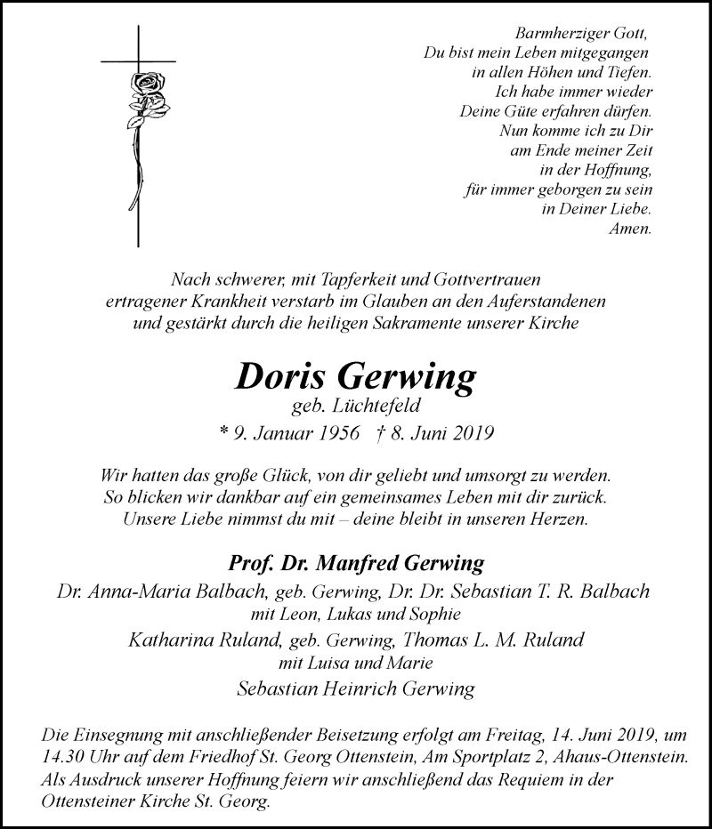  Traueranzeige für Doris Gerwing vom 12.06.2019 aus Münstersche Zeitung und Münsterland Zeitung