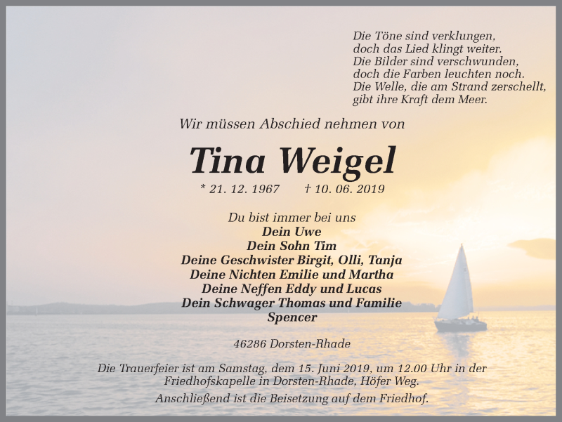  Traueranzeige für Tina Weigel vom 12.06.2019 aus Ruhr Nachrichten und Dorstener Zeitung