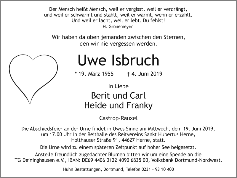  Traueranzeige für Uwe Isbruch vom 08.06.2019 aus Ruhr Nachrichten